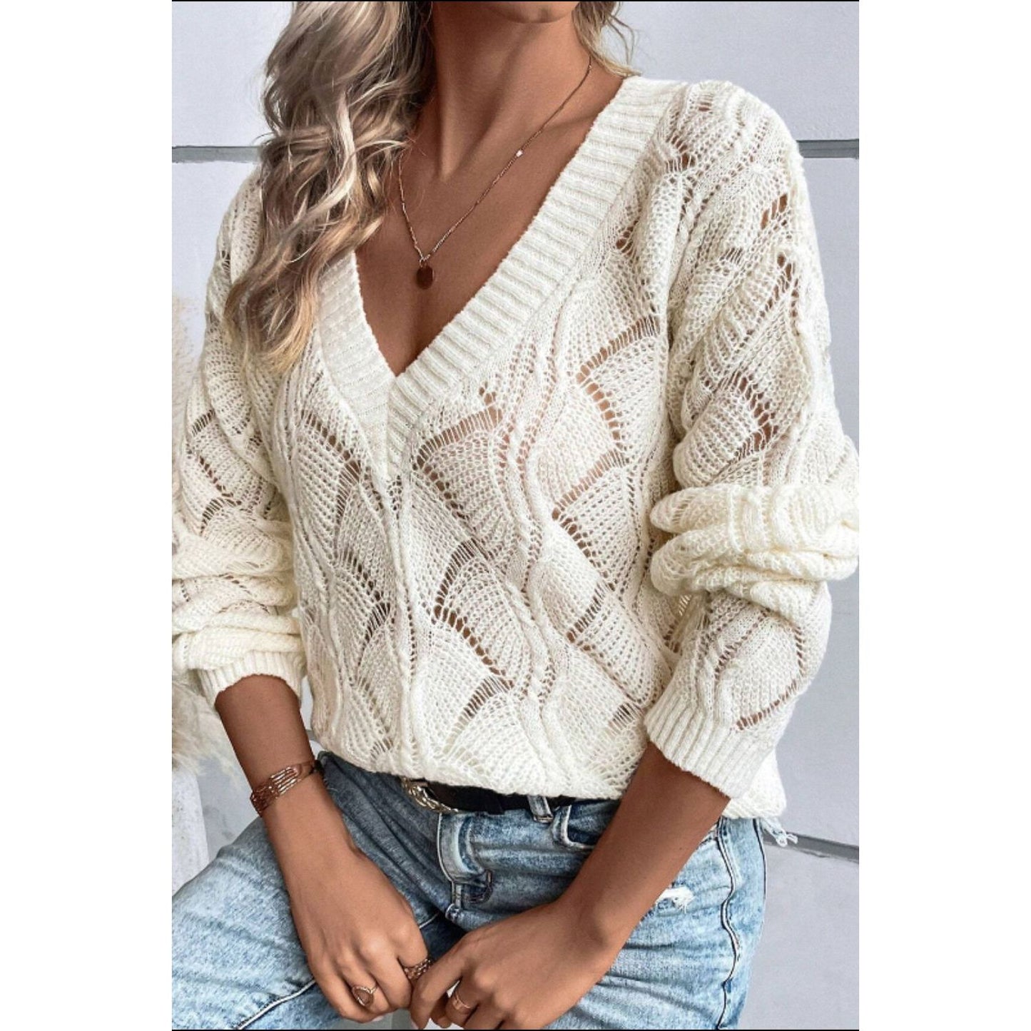 Openwork V-Neck Long Sleeve Sweater