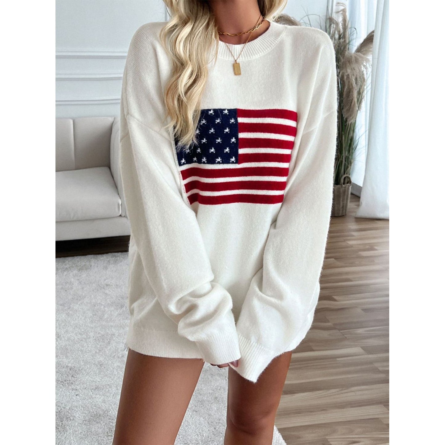 Devine US Flag Round Neck Long Sleeve Knit Top