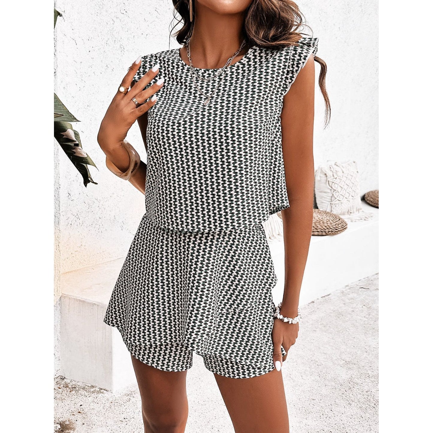 Printed Round Neck Top and Layered Shorts Set