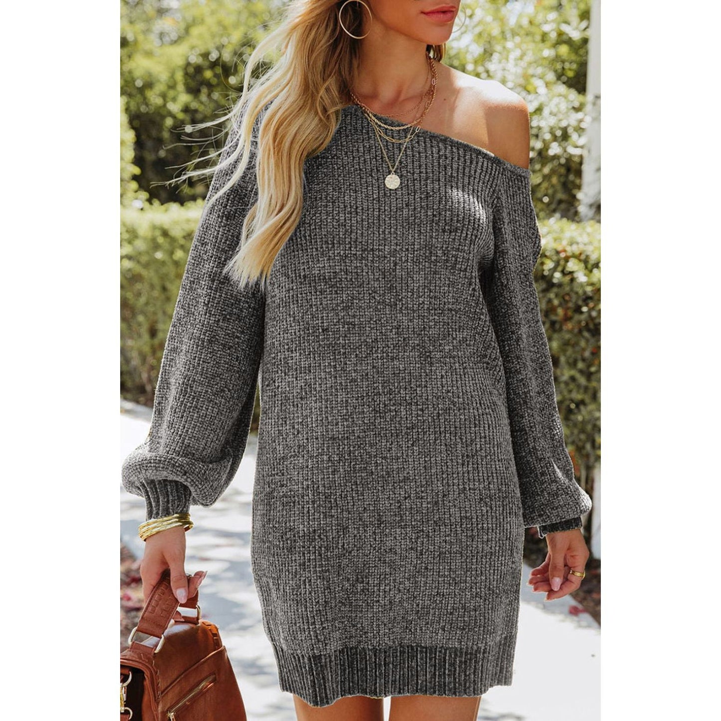 Boat Neck Long Sleeve Sweater Dress