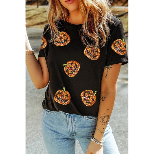 Sequin Pumpkin Round Neck Short Sleeve T-Shirt