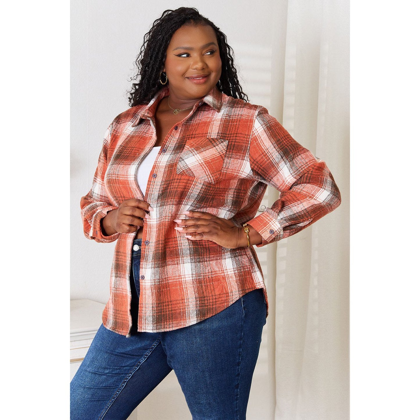 Plaid Collared Neck Long Sleeve Shirt