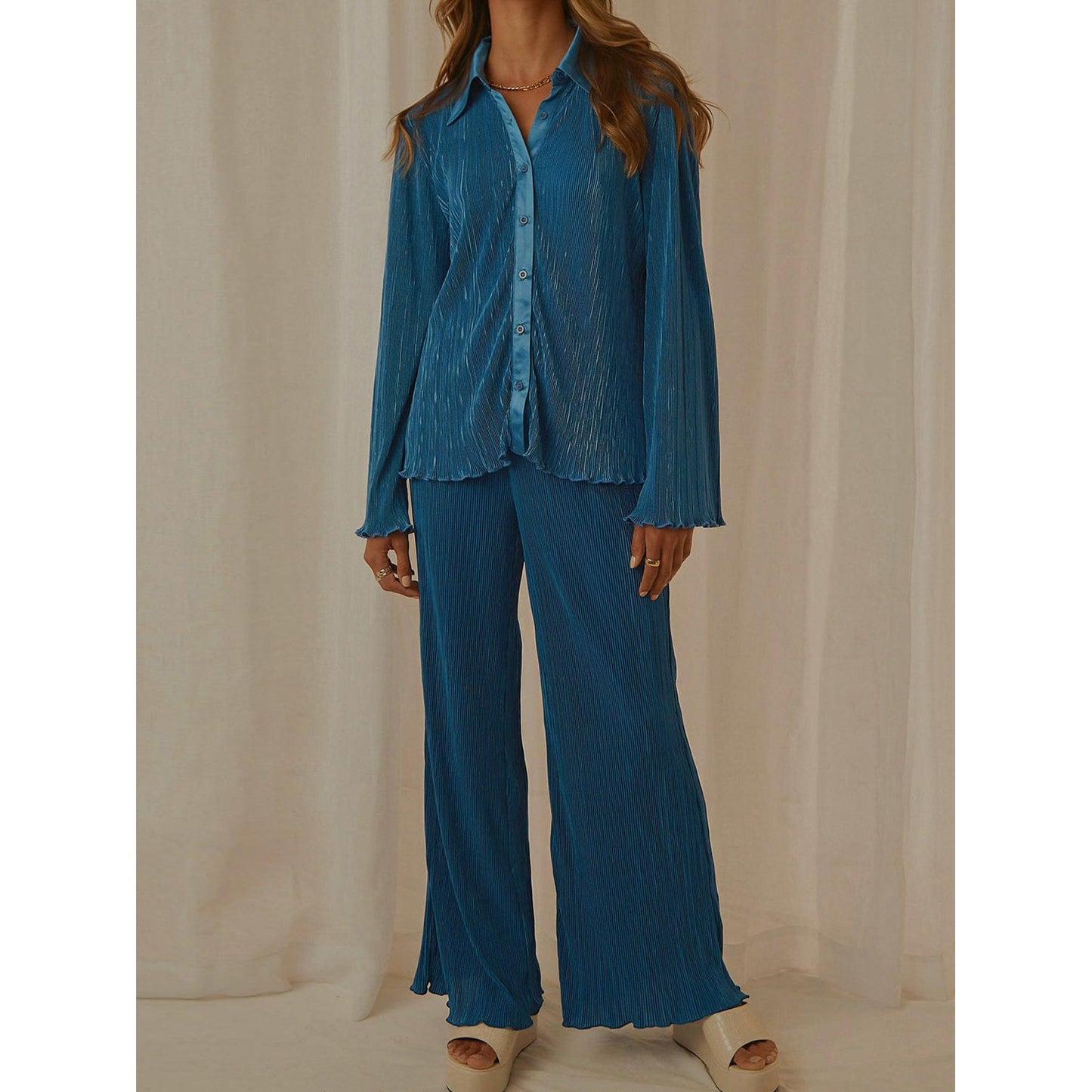 Collared Neck Long Sleeve Top and Pants Lounge Set