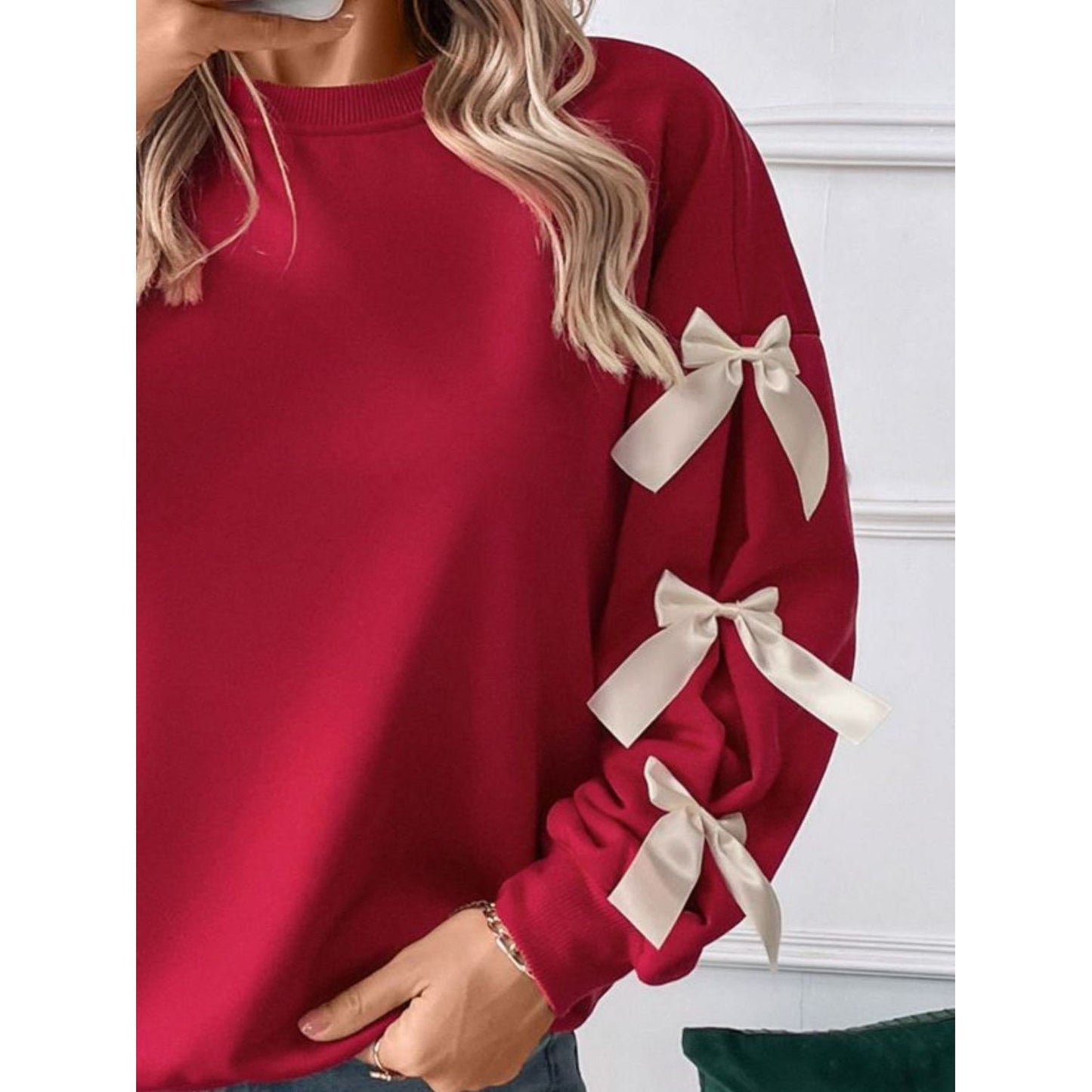 Perfee Bow Round Neck Long Sleeve Sweatshirt