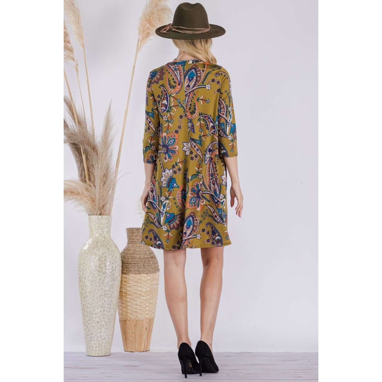 Celeste Full Size Paisley Print Round Neck Dress with Pockets