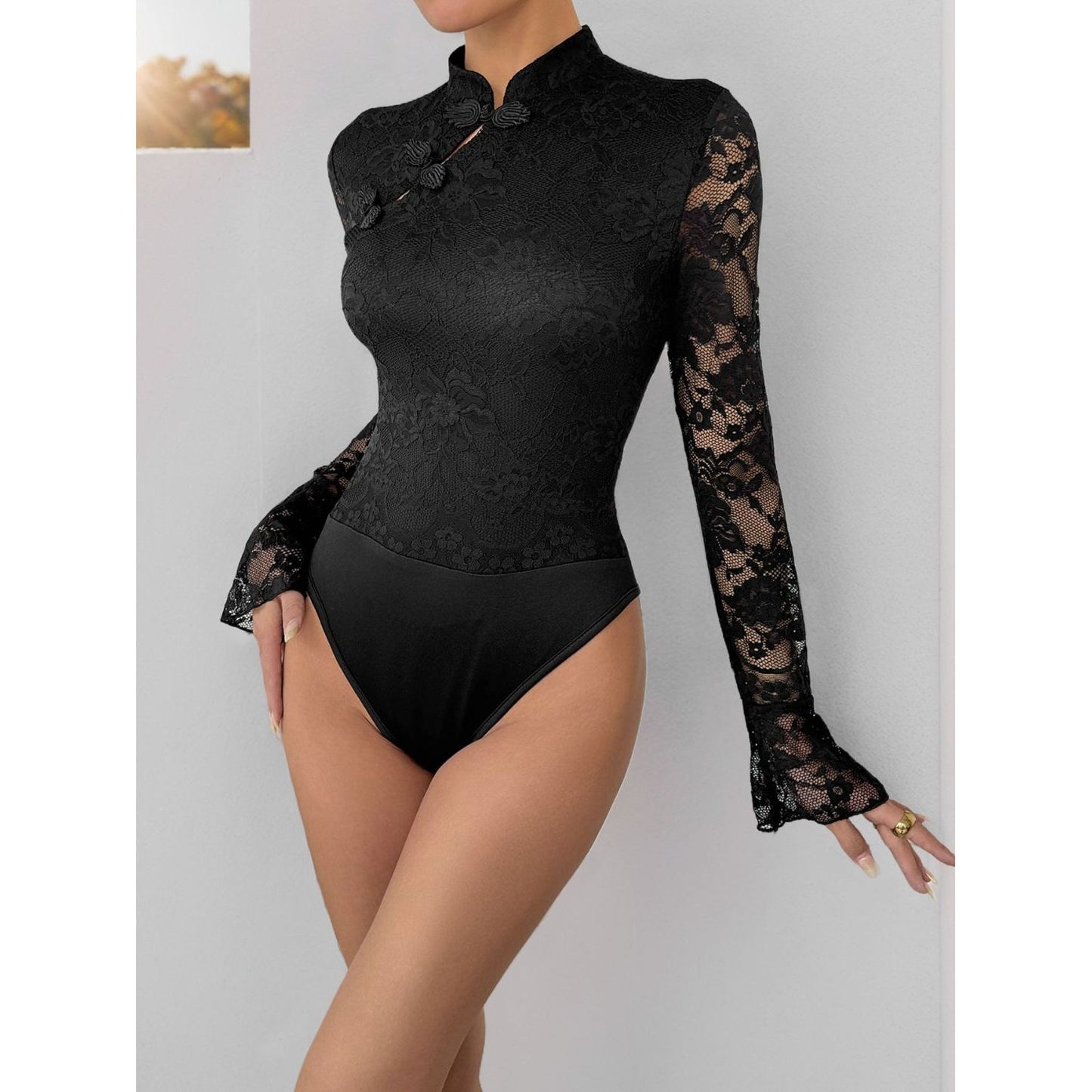 Perfee Lace Mock Neck Long Sleeve Bodysuit