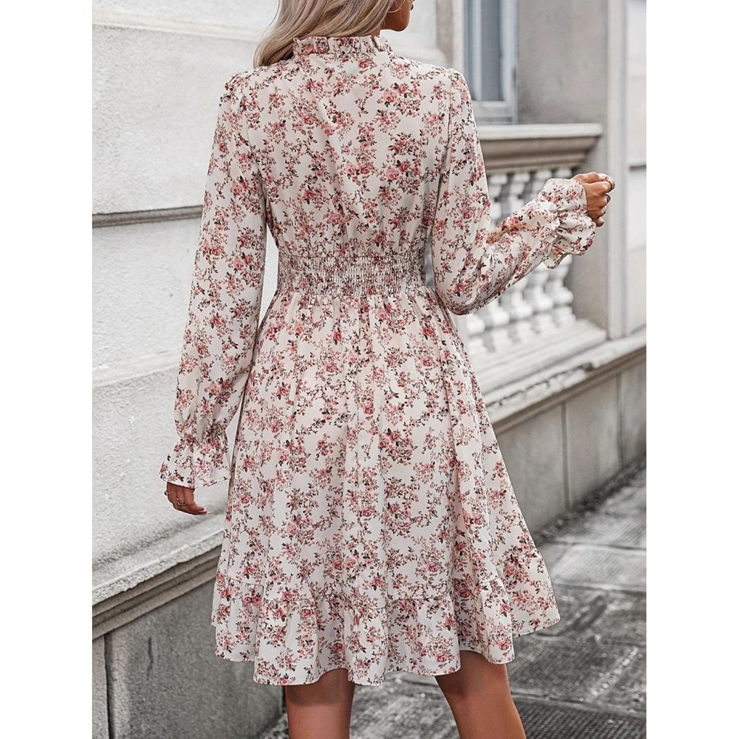 Ruffle Hem Floral Surplice Long Sleeve Dress