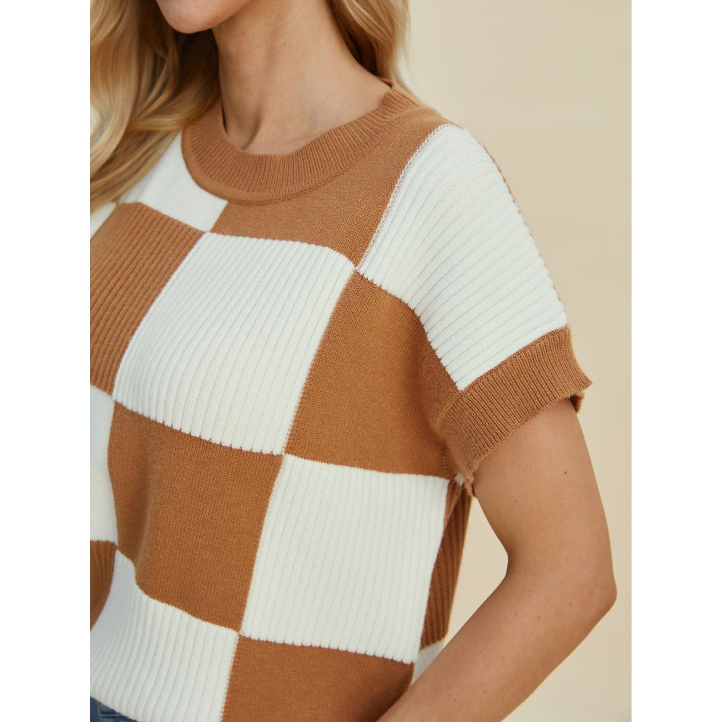 Double Take Full Size Checkered Round Neck Short Sleeve Sweater