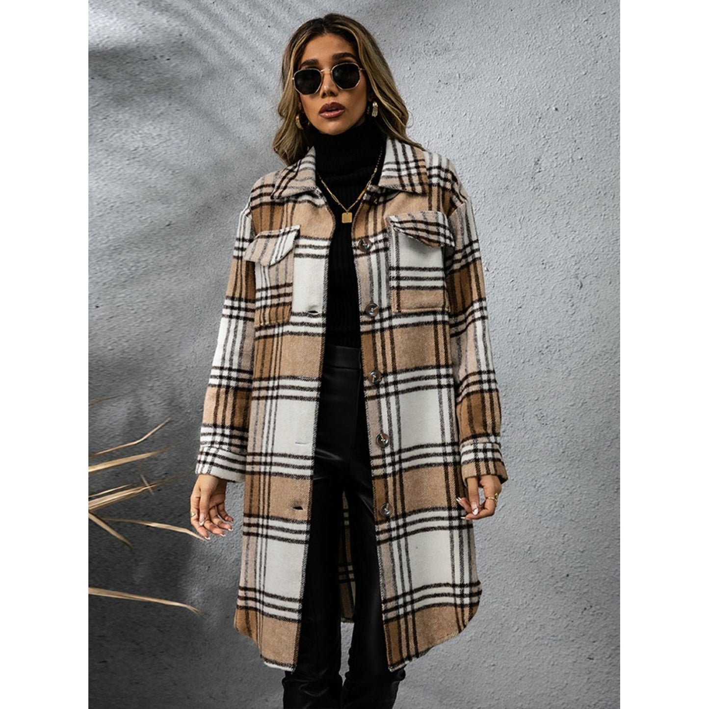 Plaid Collared Neck Long Sleeve Coat