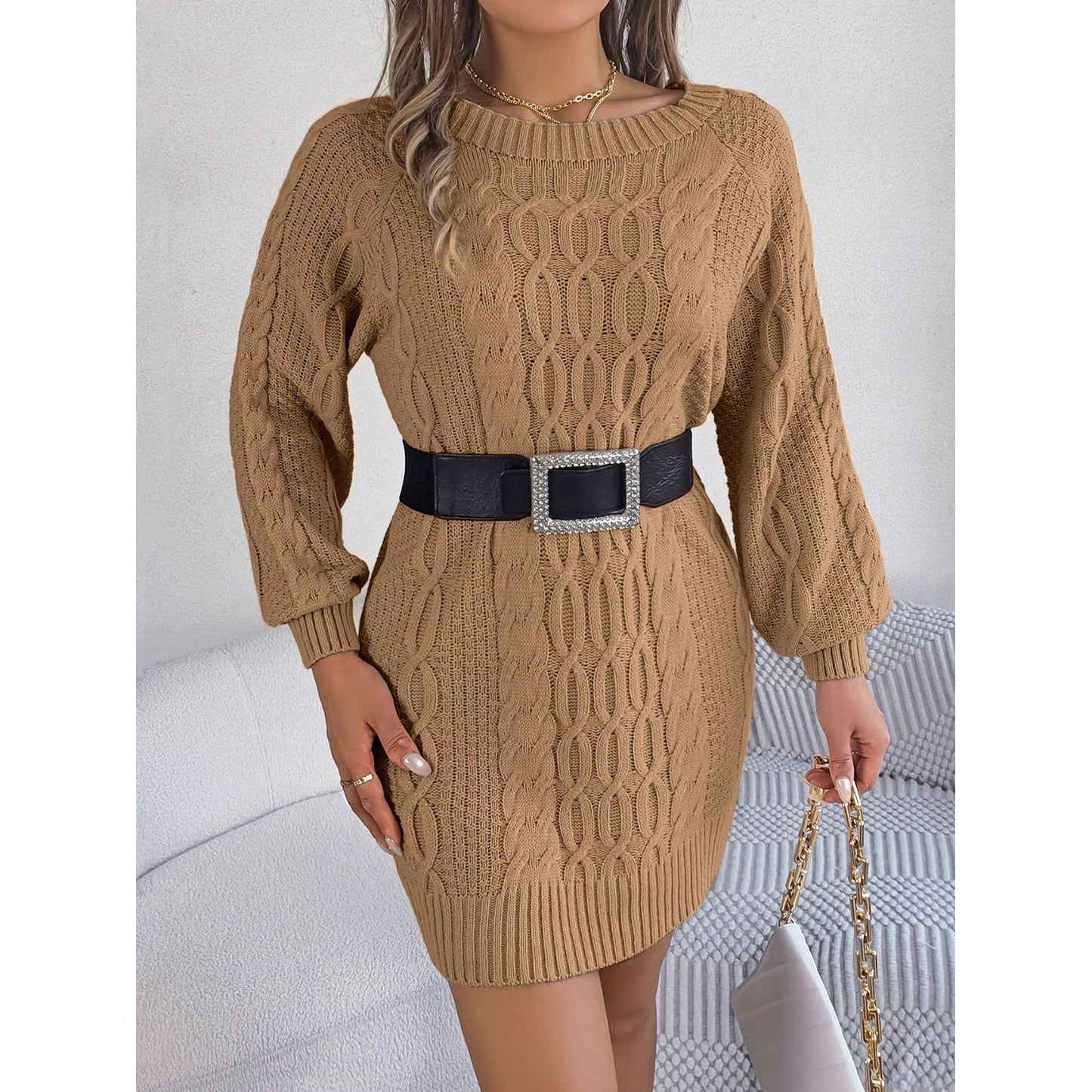 Cable-Knit Round Neck Sweater Dress