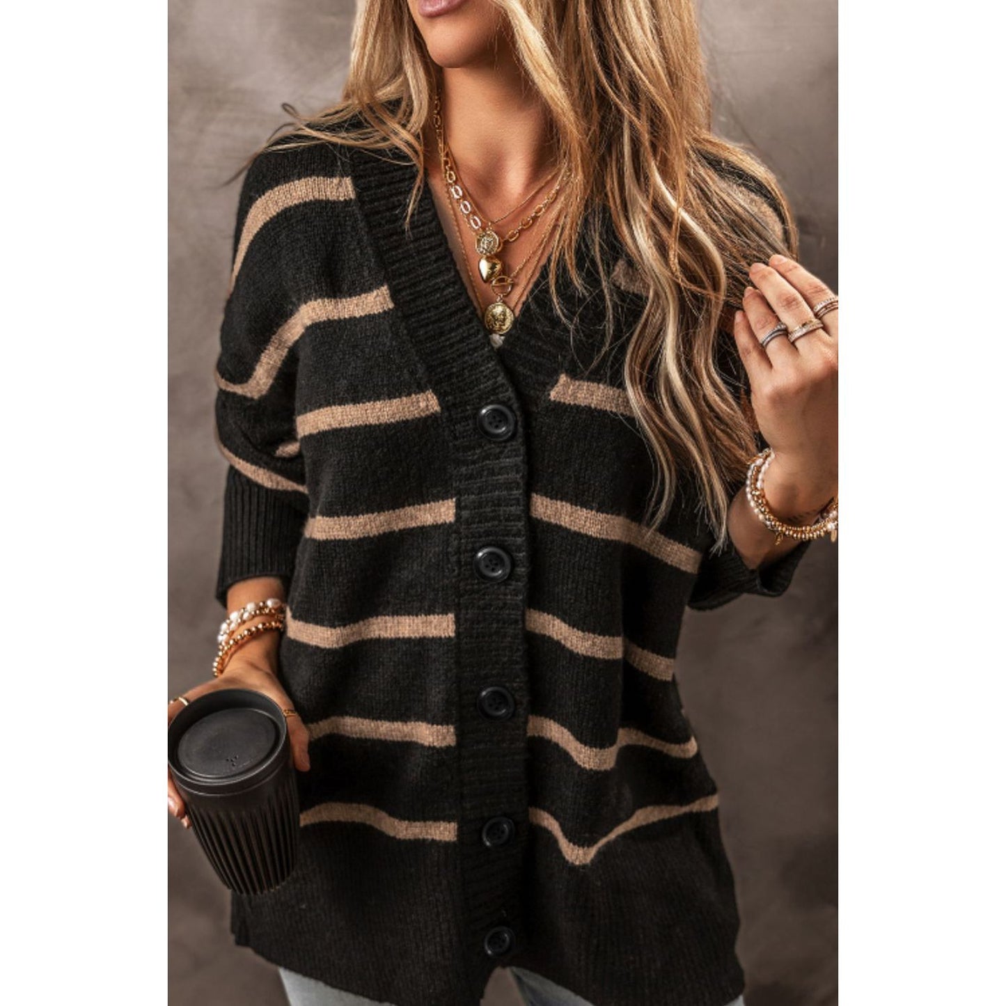 Striped Button Down Long Sleeve Cardigan