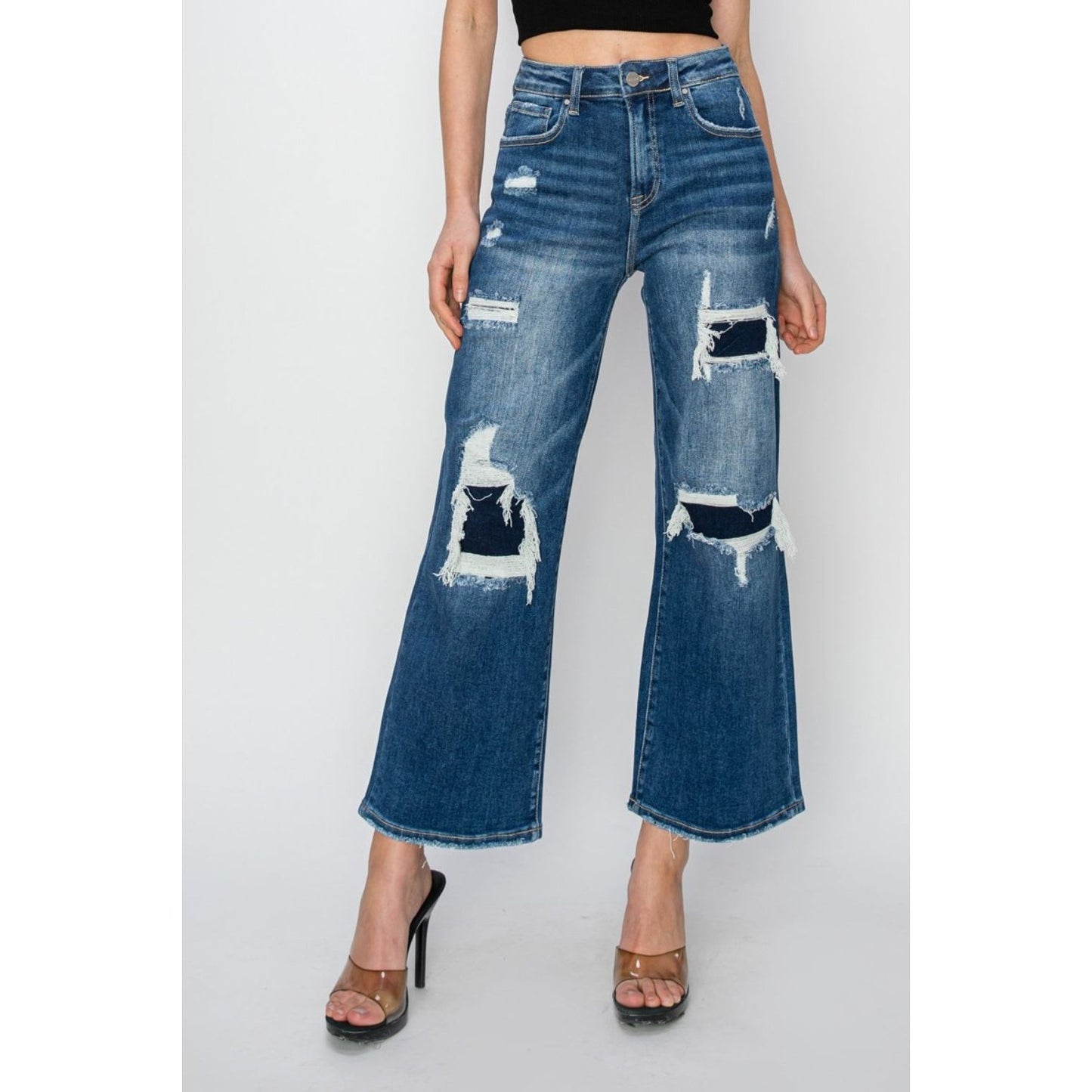 Risen Full Size High Rise Patch Detailed Wide Leg Crop Jeans