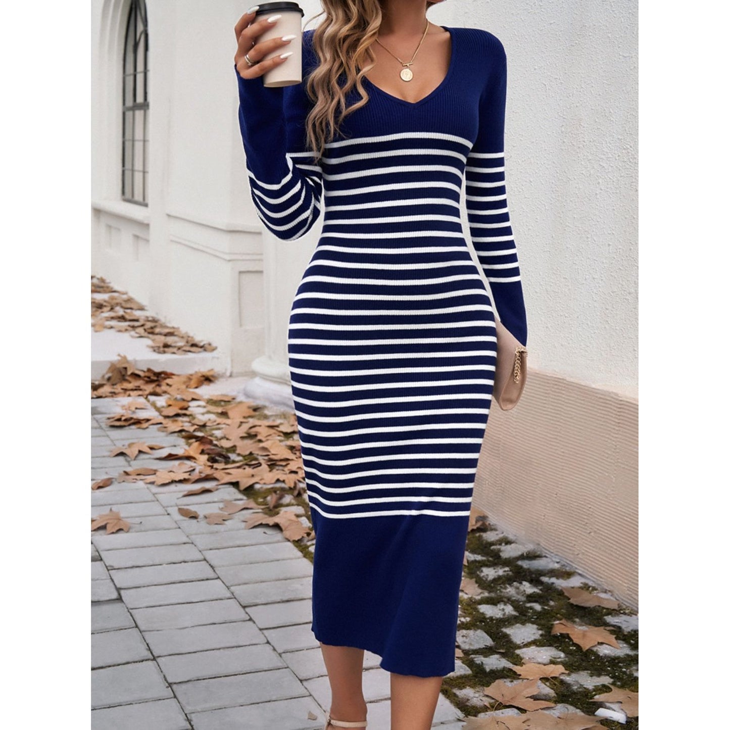 Devine Striped V-Neck Long Sleeve Sweater Dress