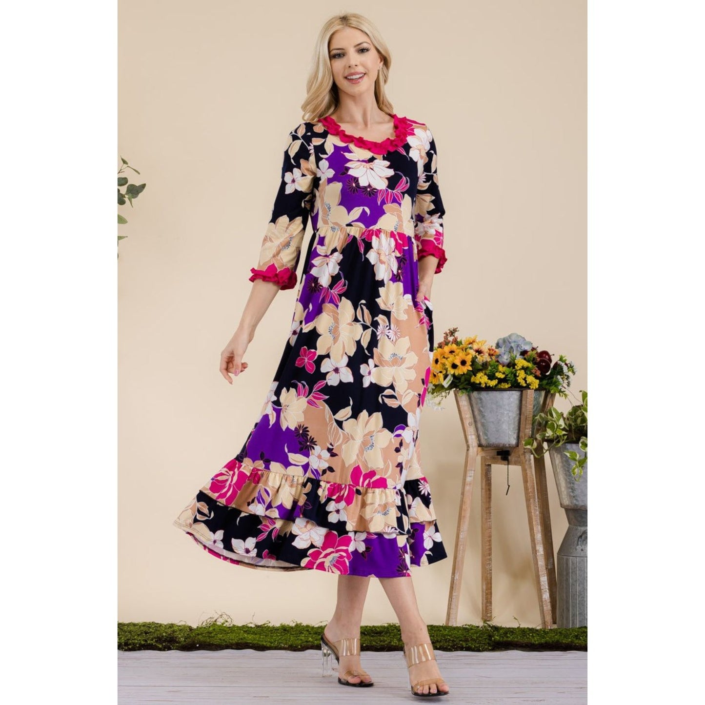 Celeste Full Size Floral Ruffled Midi Dress