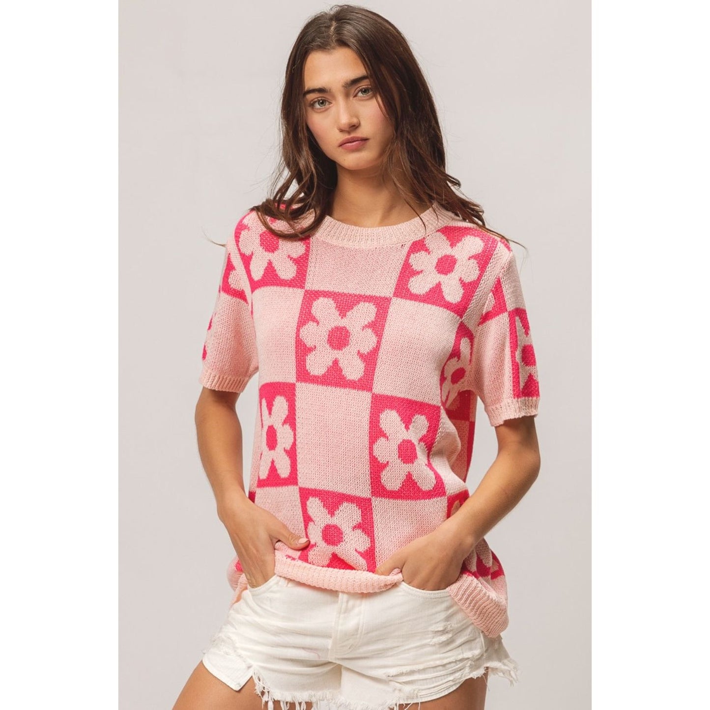 BiBi Flower Checker Pattern Short Sleeve Sweater