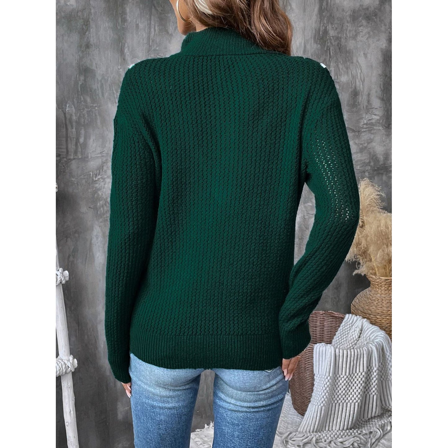 Perfee Contrast Half Zip Long Sleeve Sweater