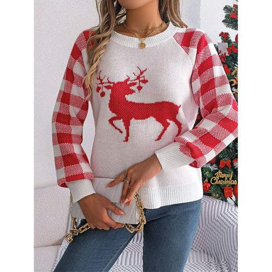 Reindeer Plaid Round Neck Long Sleeve Sweater