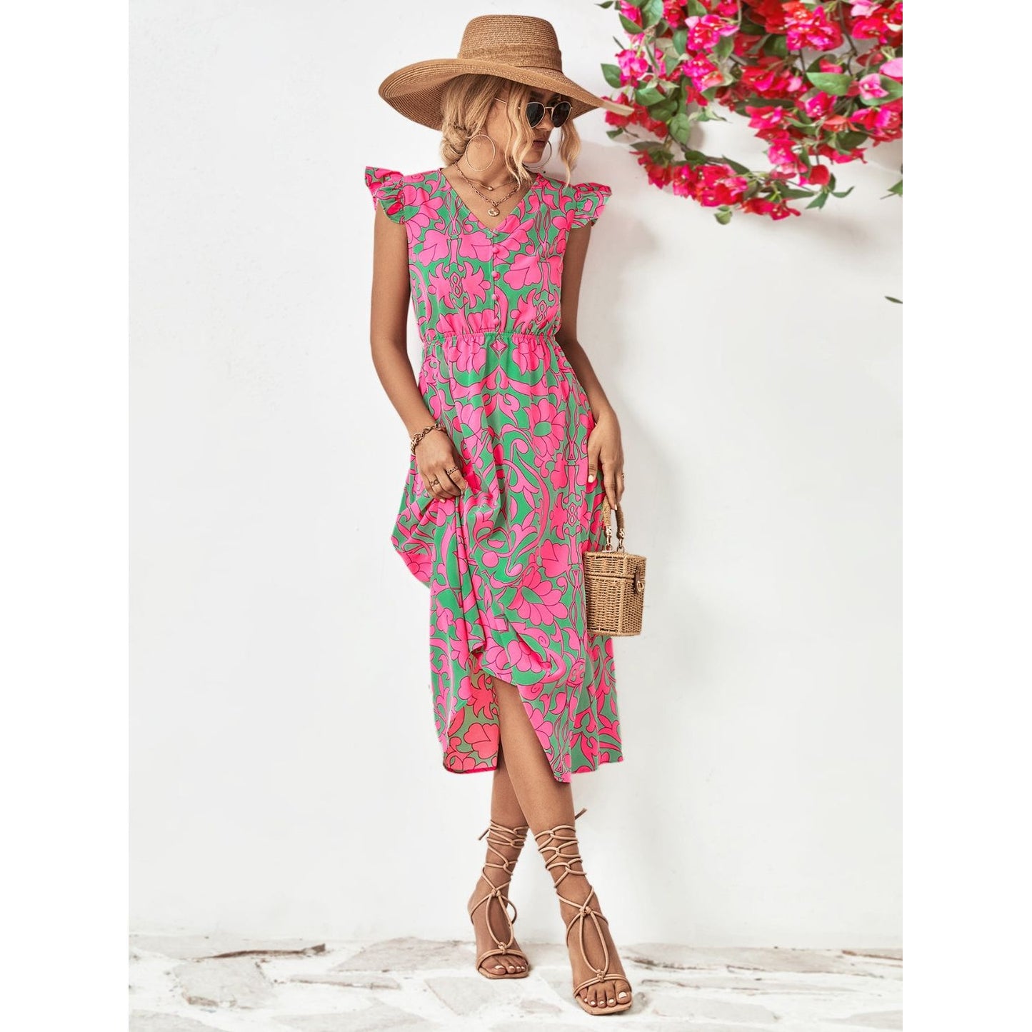 Printed V-Neck Cap Sleeve Dress