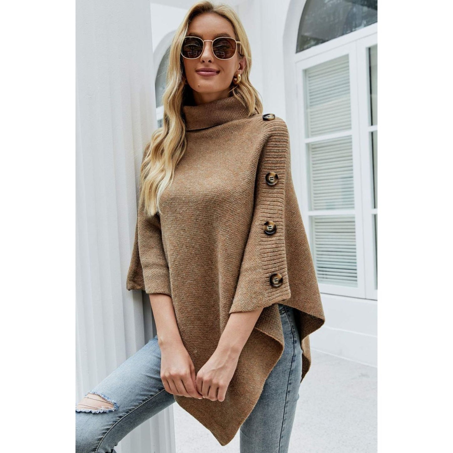 Turtleneck Buttoned Poncho