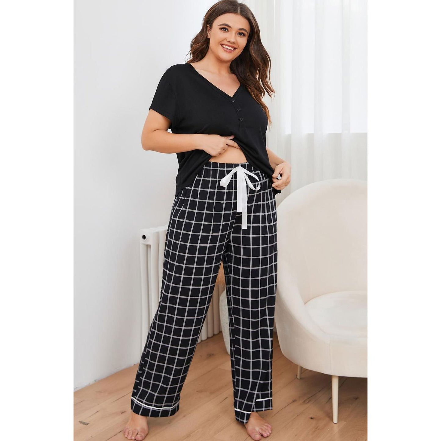 Plus Size V-Neck Top and Plaid Pants Lounge Set