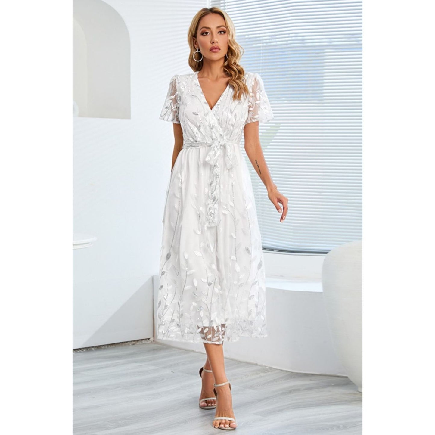 Sequin Leaf Embroidery Tie Front Short Sleeve Dress