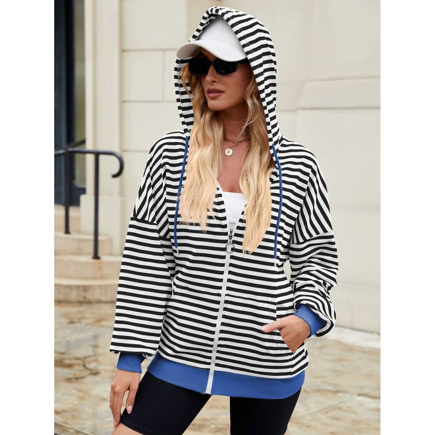 Drawstring Striped Zip Up Long Sleeve Hoodie