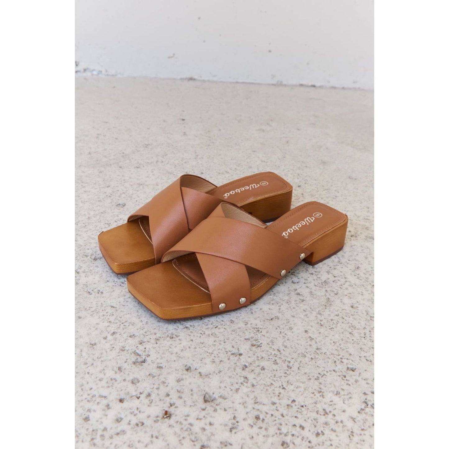 Weeboo Step Into Summer Criss Cross Wooden Clog Mule in Brown