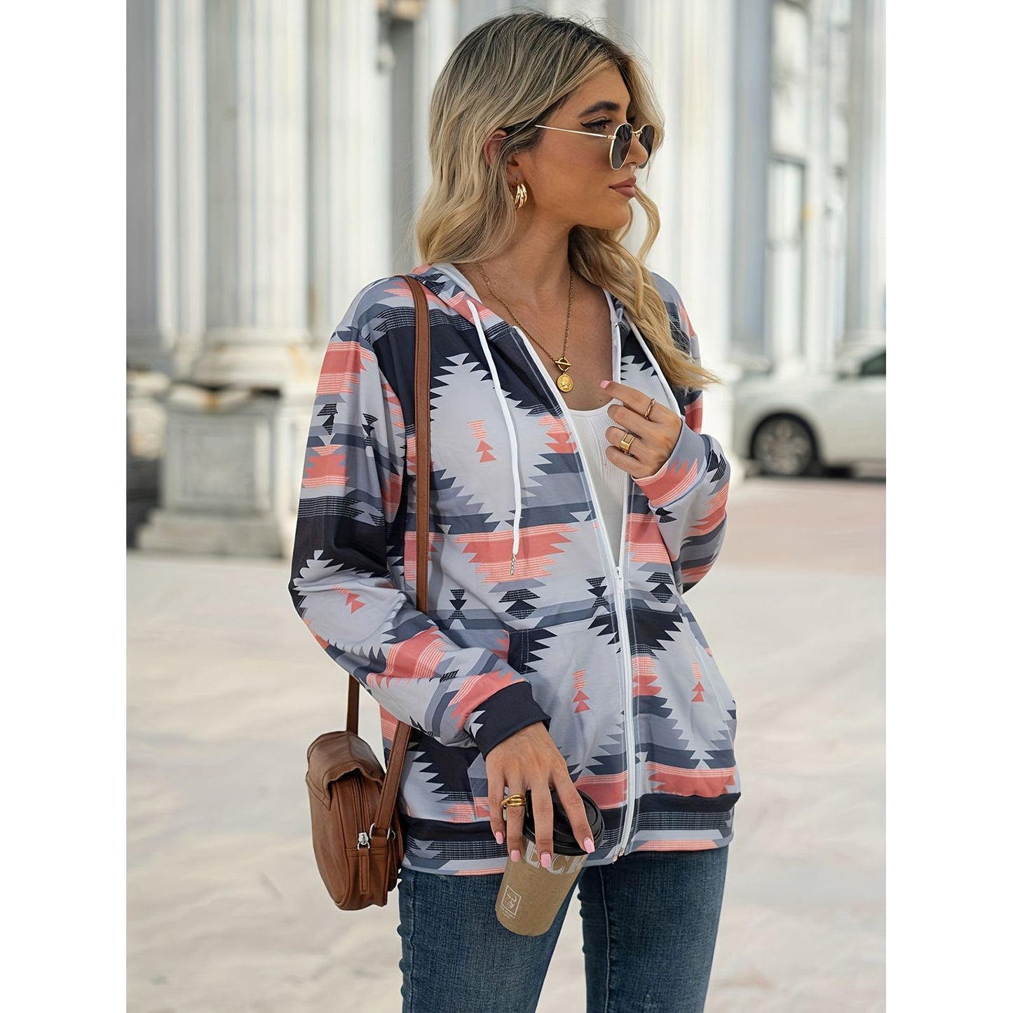 Geometric Zip Up Long Sleeve Hooded Jacket