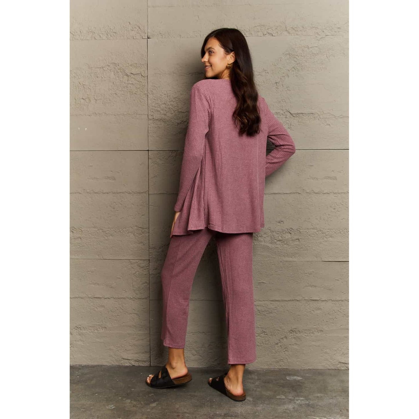 Ninexis Full Size Cropped Top, Long Pants and Cardigan Lounge Set