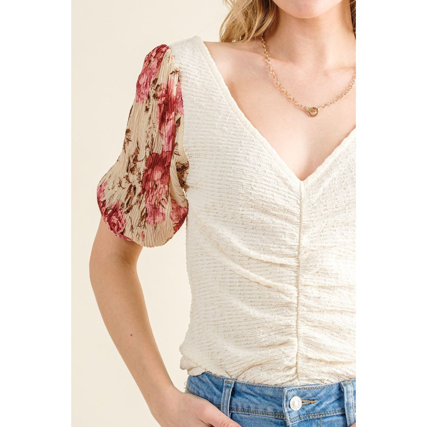 And The Why Full Size Floral Print Textured Sleeve Knit Top