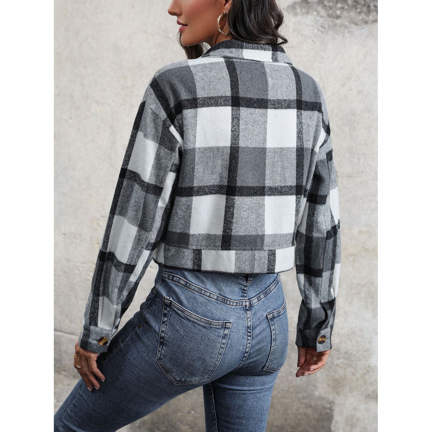 Perfee Plaid Button Up Drop Shoulder Cropped Jacket