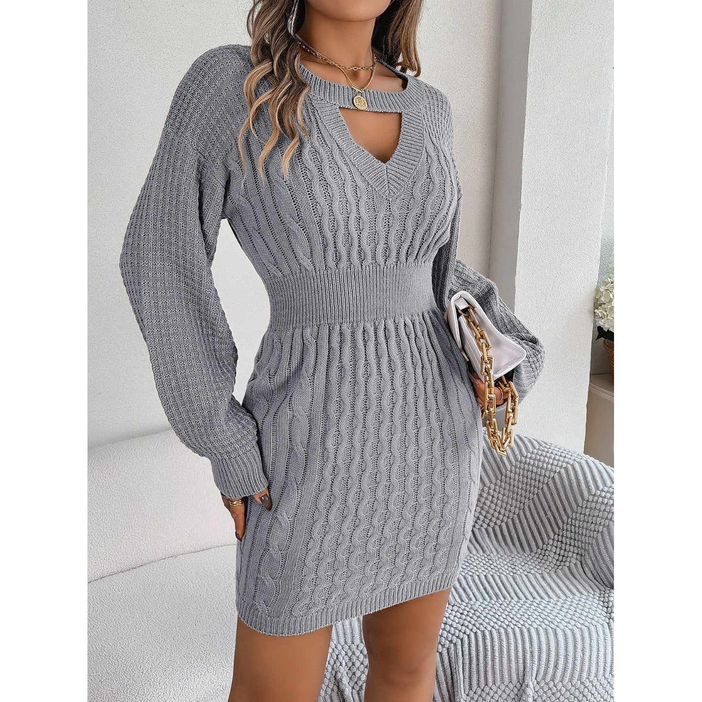 Cable-Knit Cutout Round Neck Slit Sweater Dress