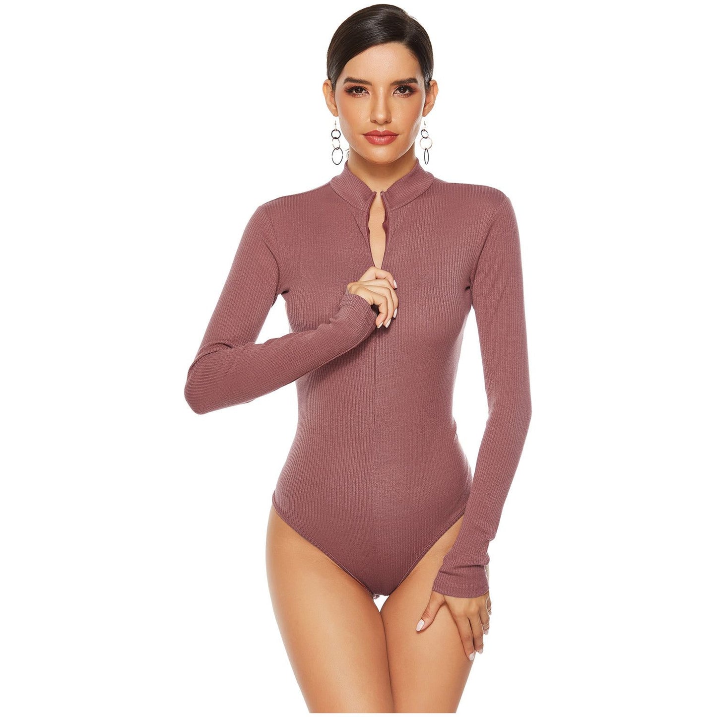 Full Size Ribbed Half Zip Long Sleeve Bodysuit