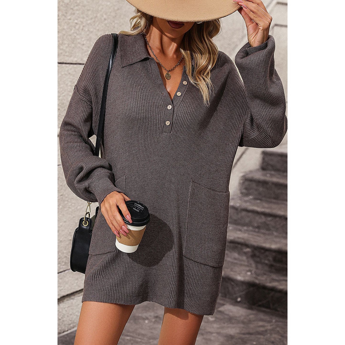 Collared Neck Long Sleeve Sweater Dress with Pockets