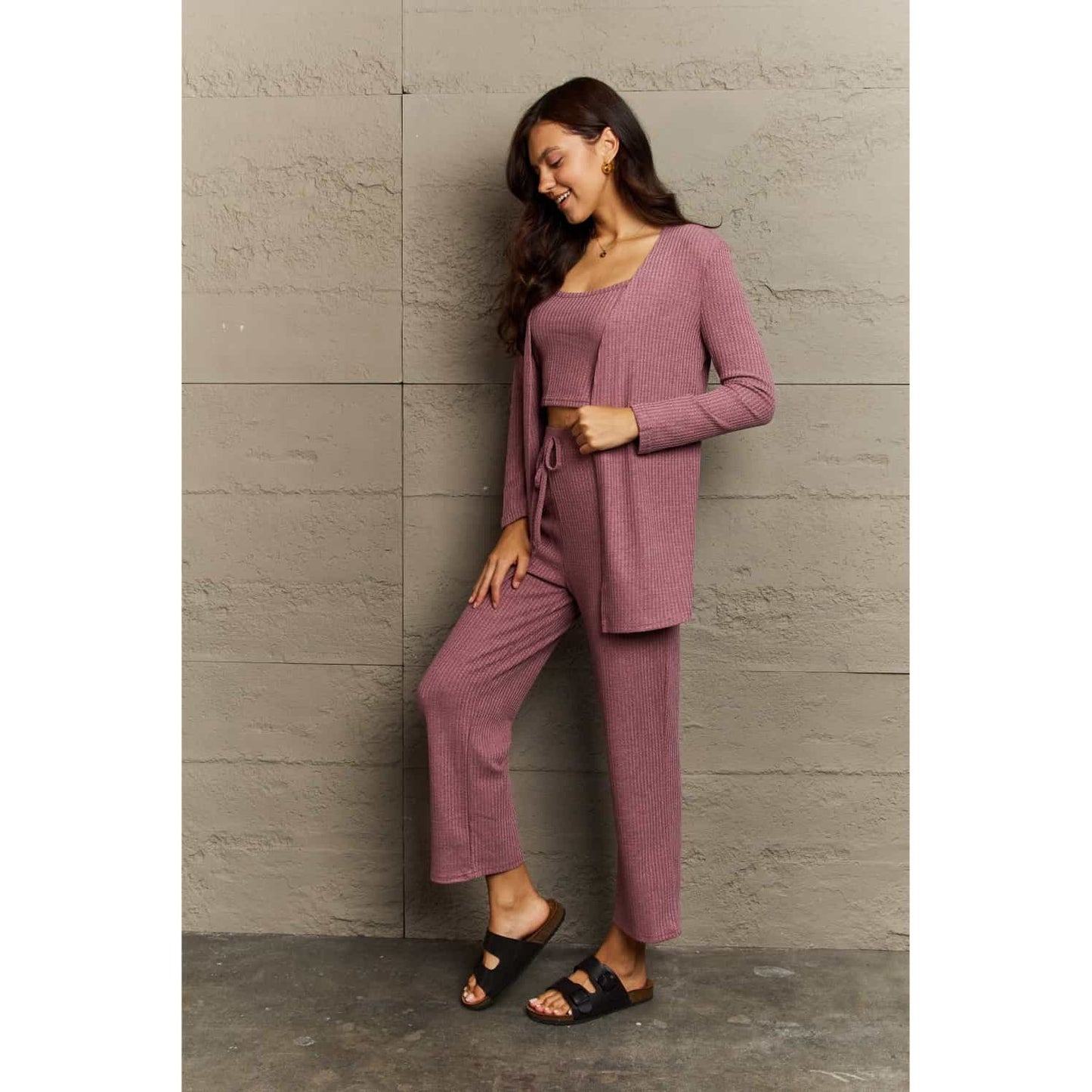 Ninexis Full Size Cropped Top, Long Pants and Cardigan Lounge Set