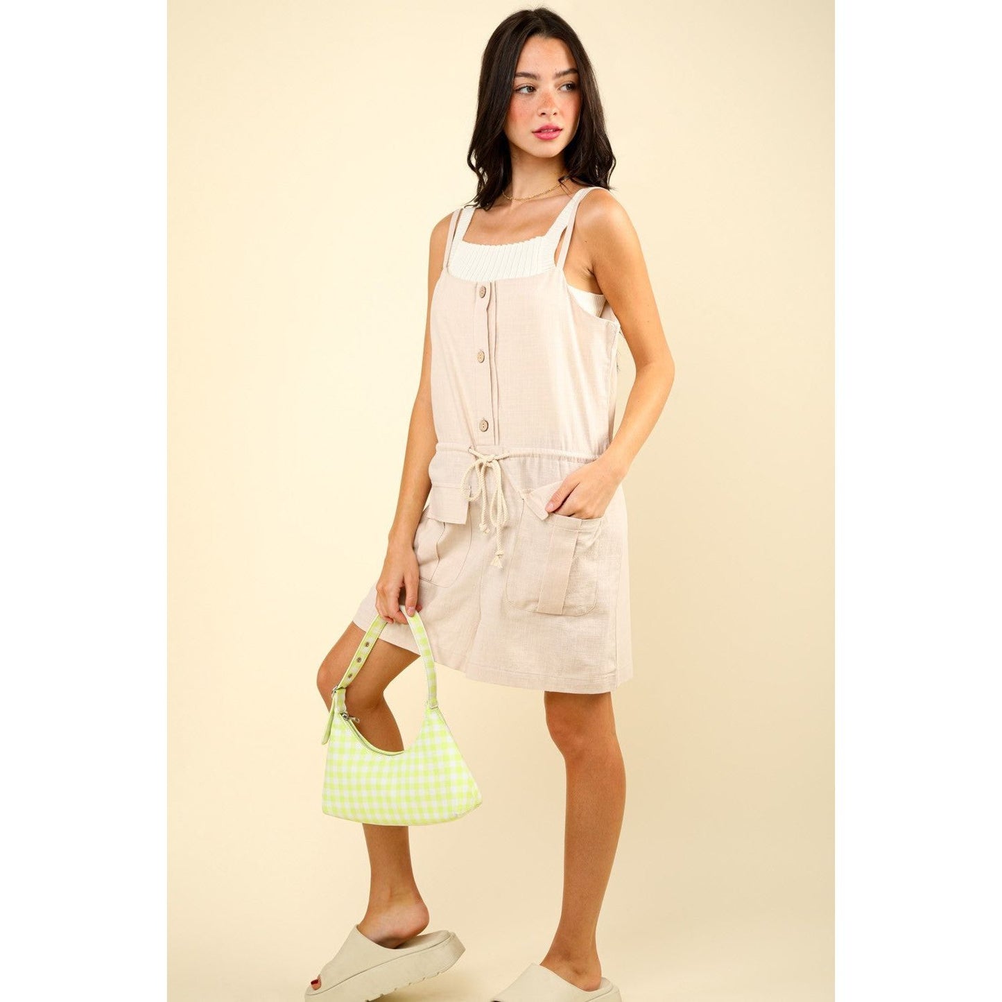 VERY J Half Button Drawstring Sleeveless Romper