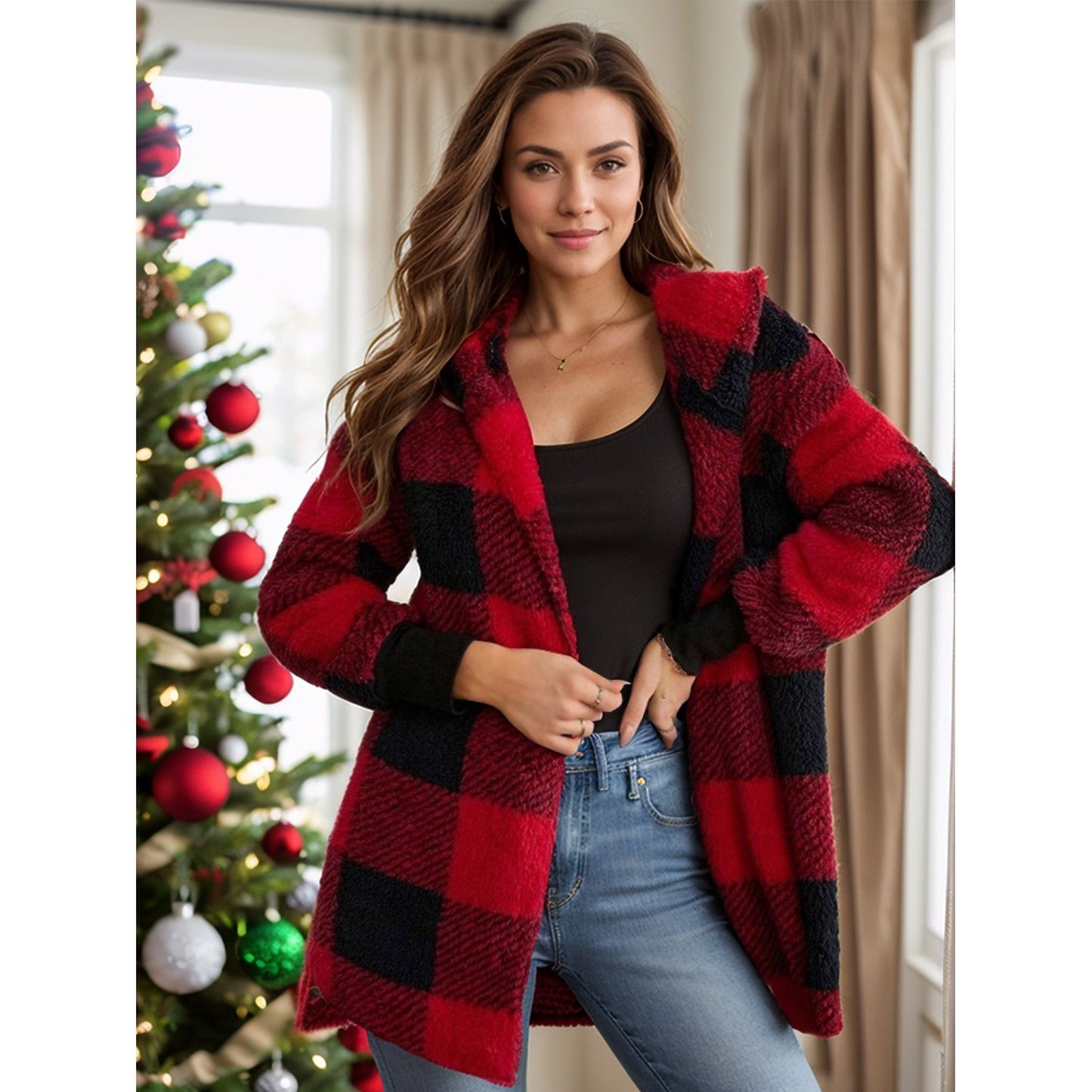 Plaid Long Sleeve Hooded Coat