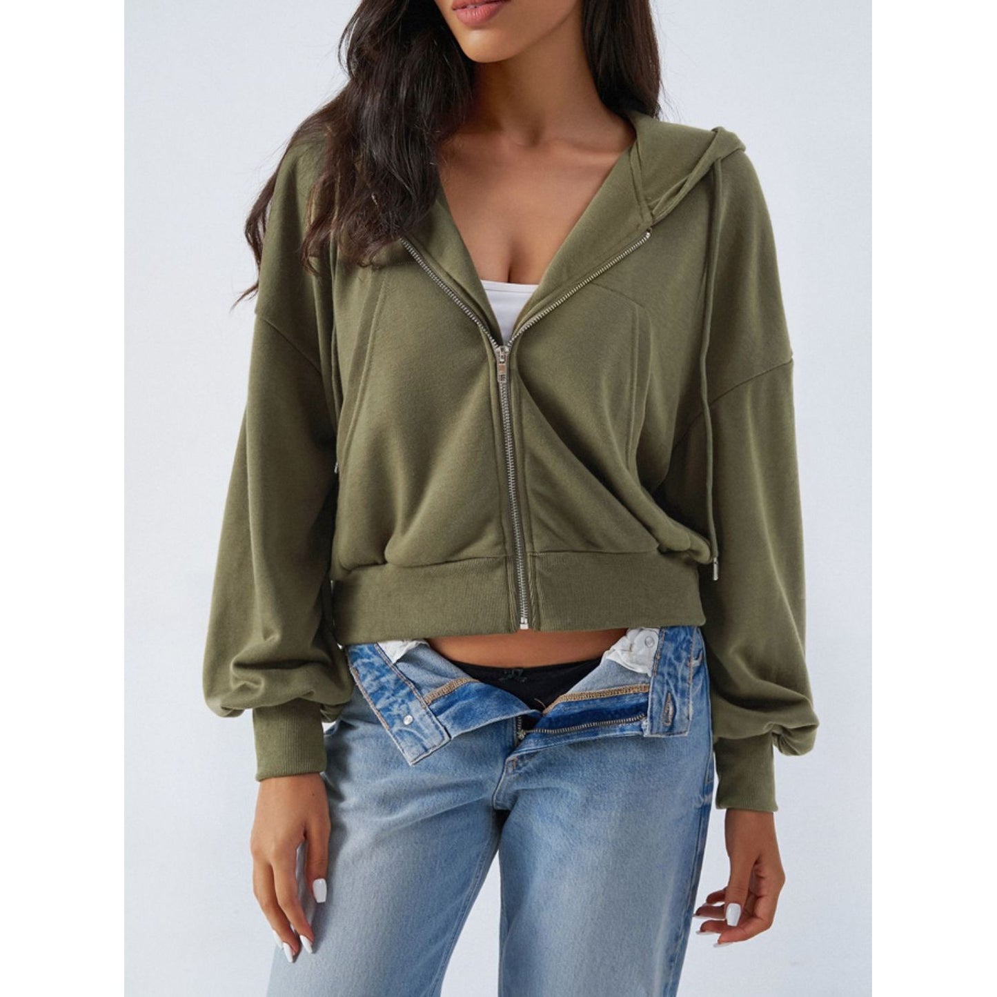 Devine Drawstring Zip Up Long Sleeve Hoodie