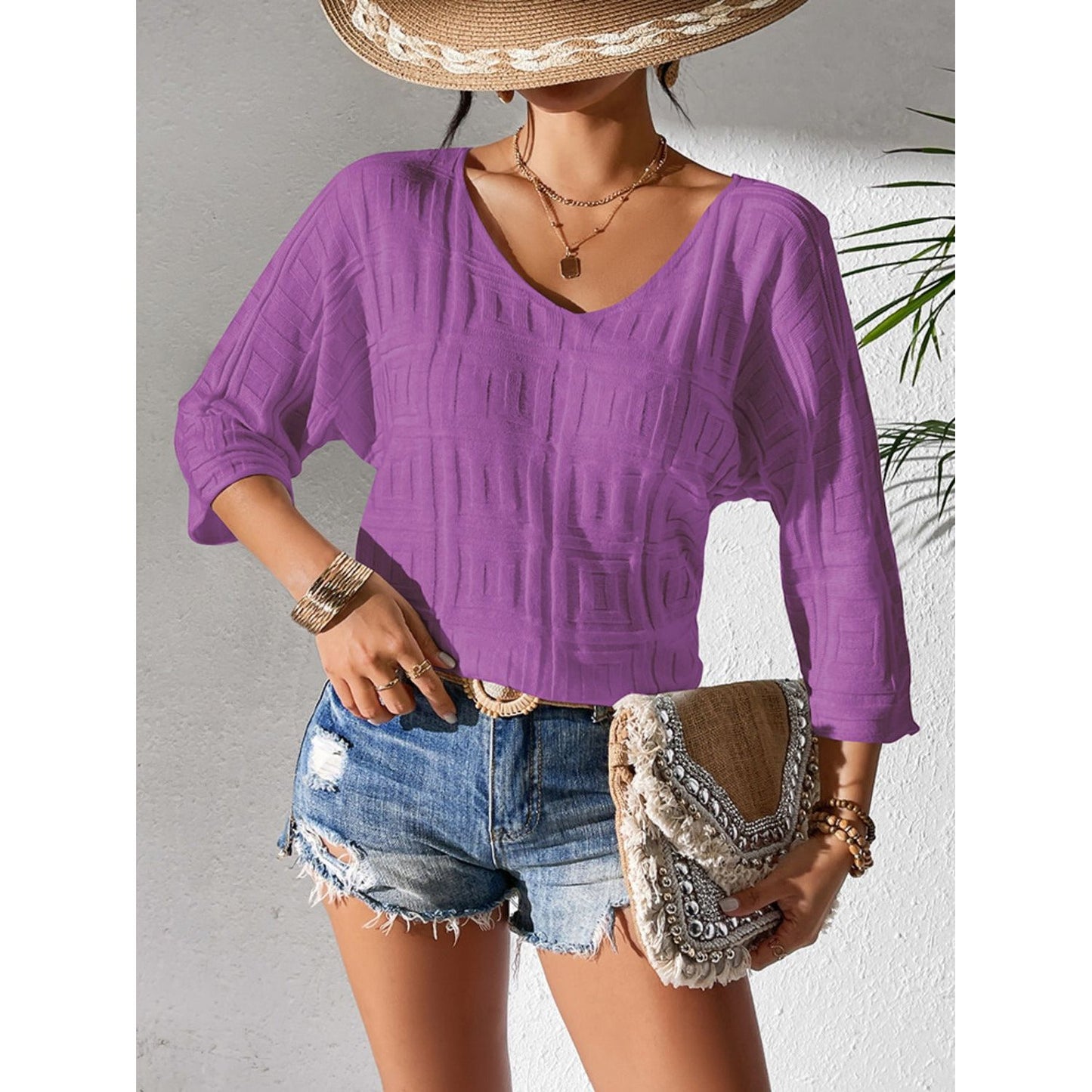 V-Neck Three-Quarter Sleeve Knit Top