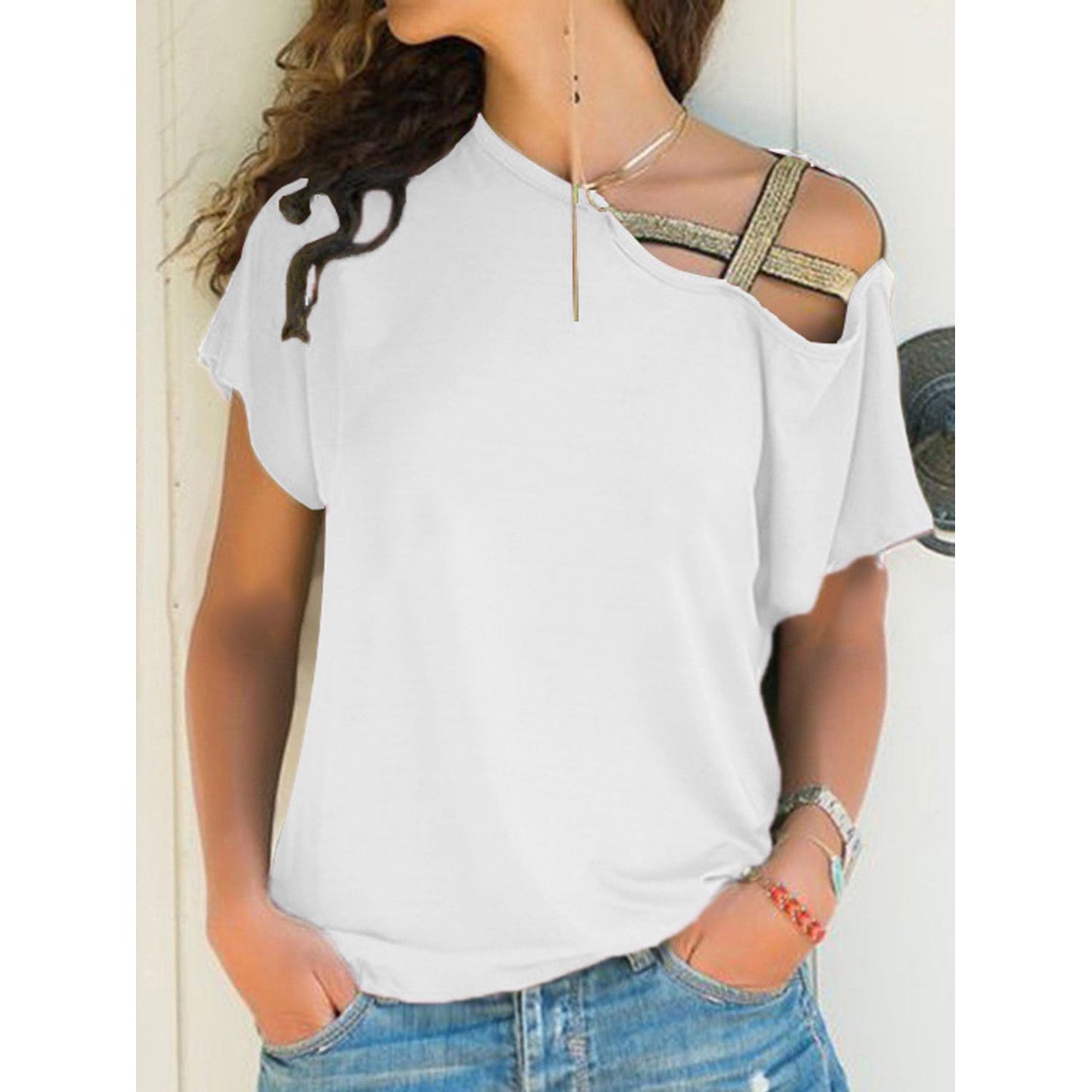 Asymmetrical Neck Short Sleeve T-Shirt