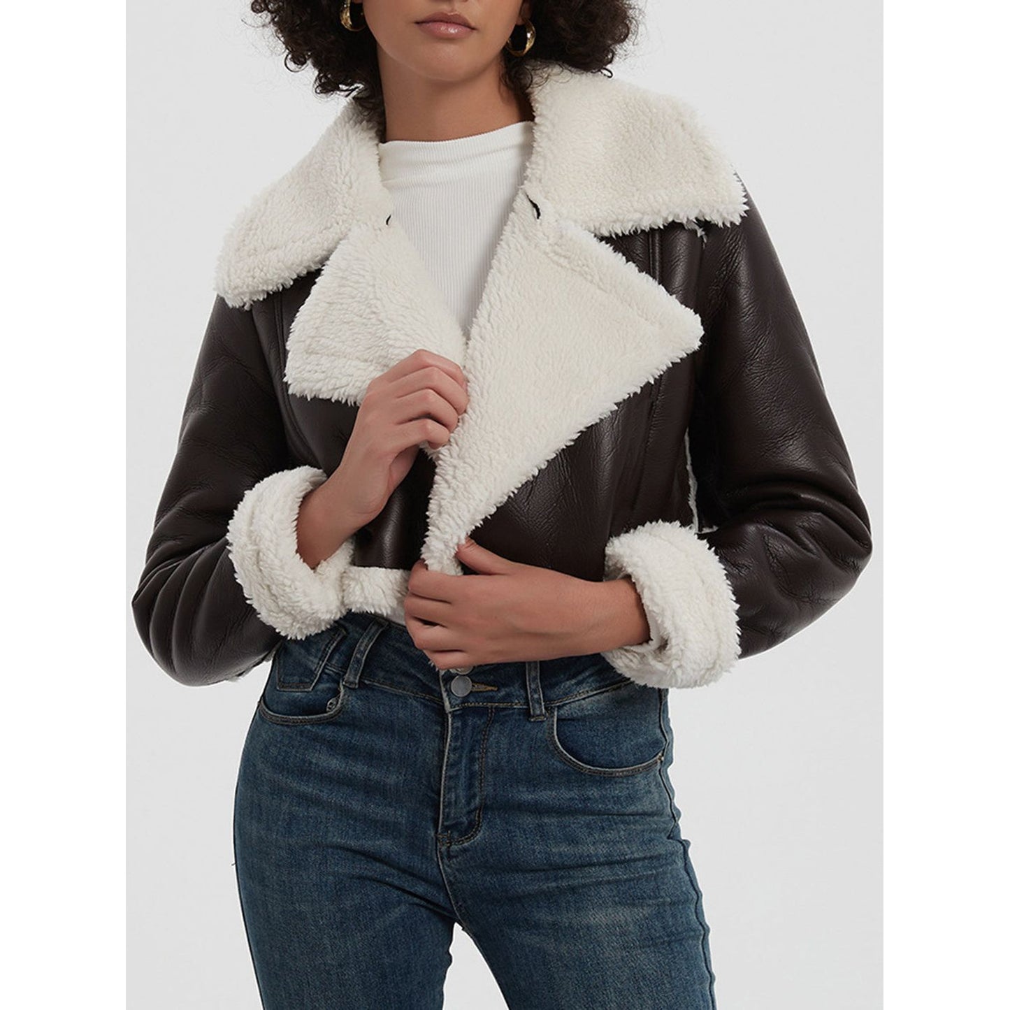 Collared Neck Long Sleeve Plush Cropped Jacket