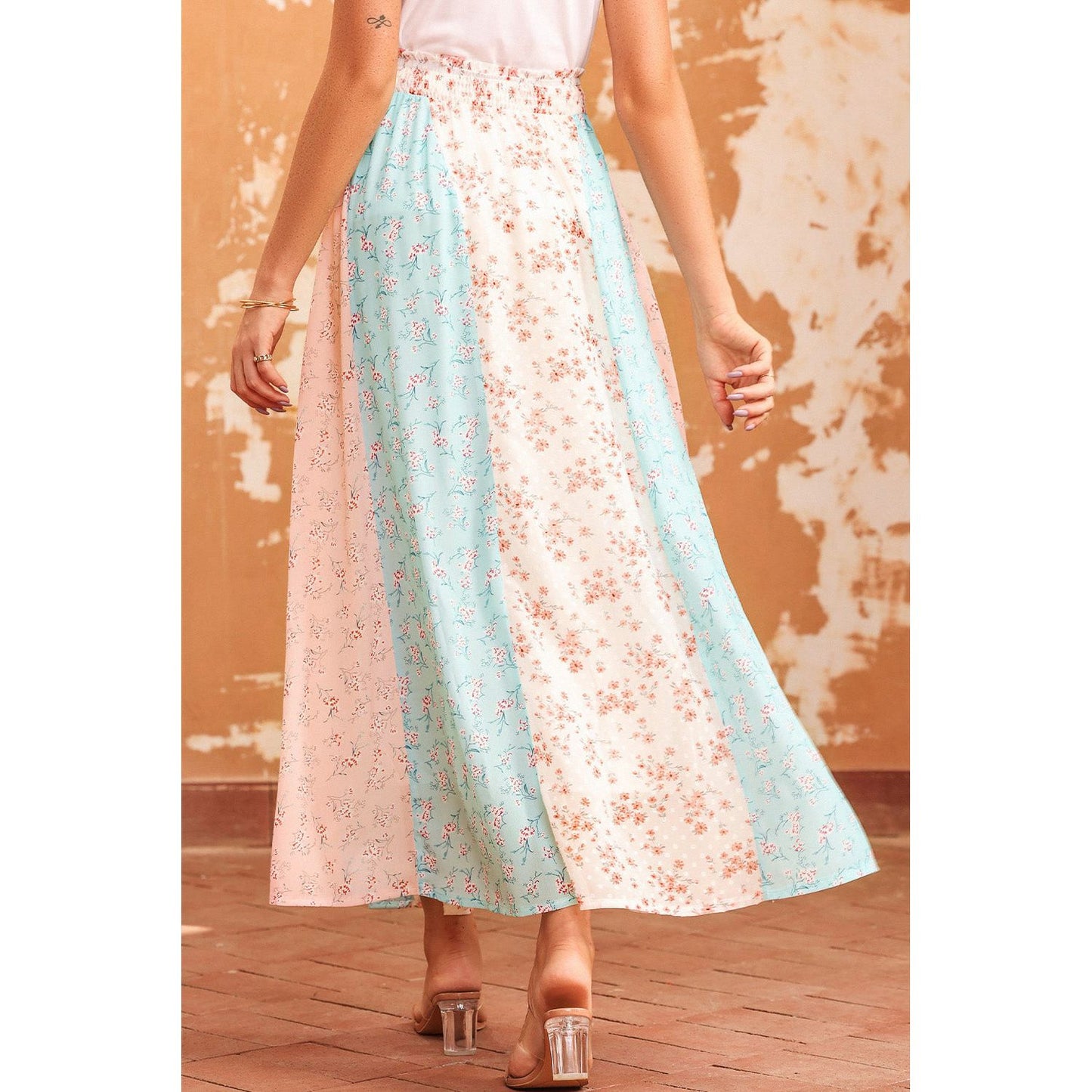 Floral Color Block Smocked Waist Maxi Skirt