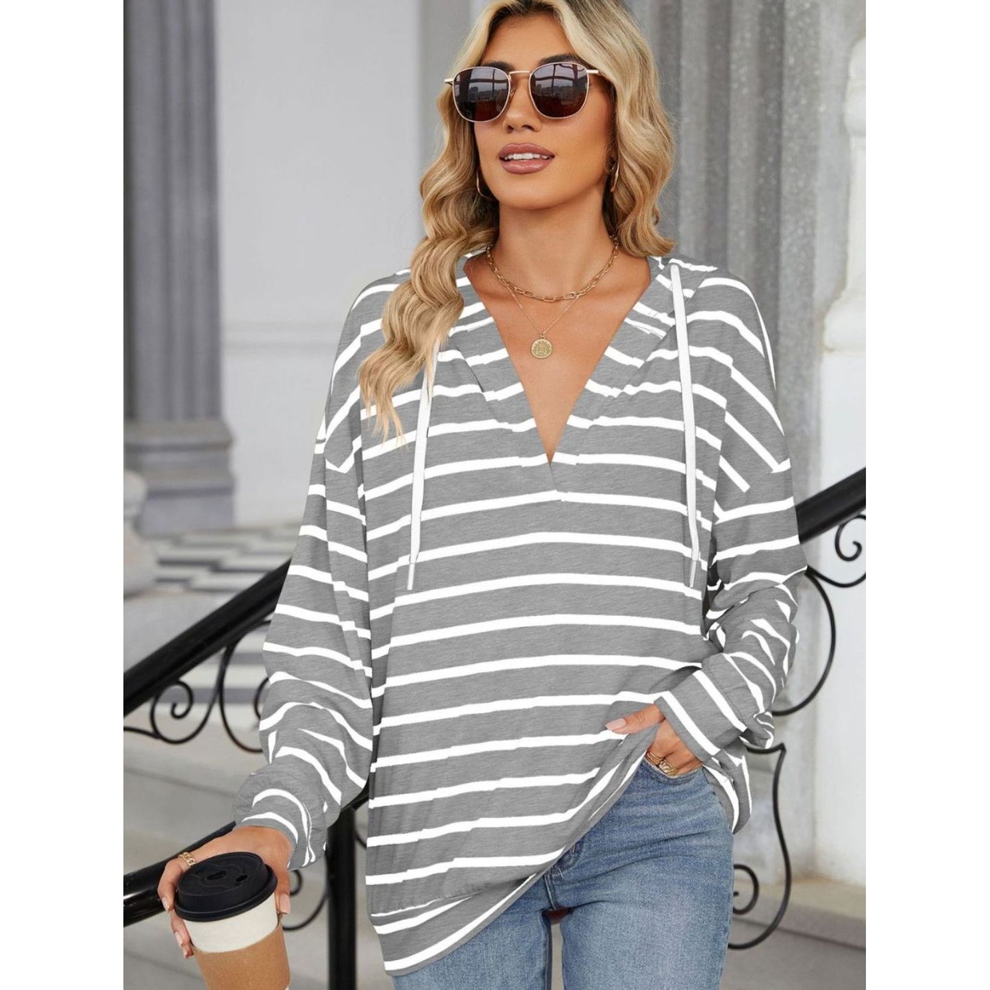 Drawstring Striped Long Sleeve Hoodie