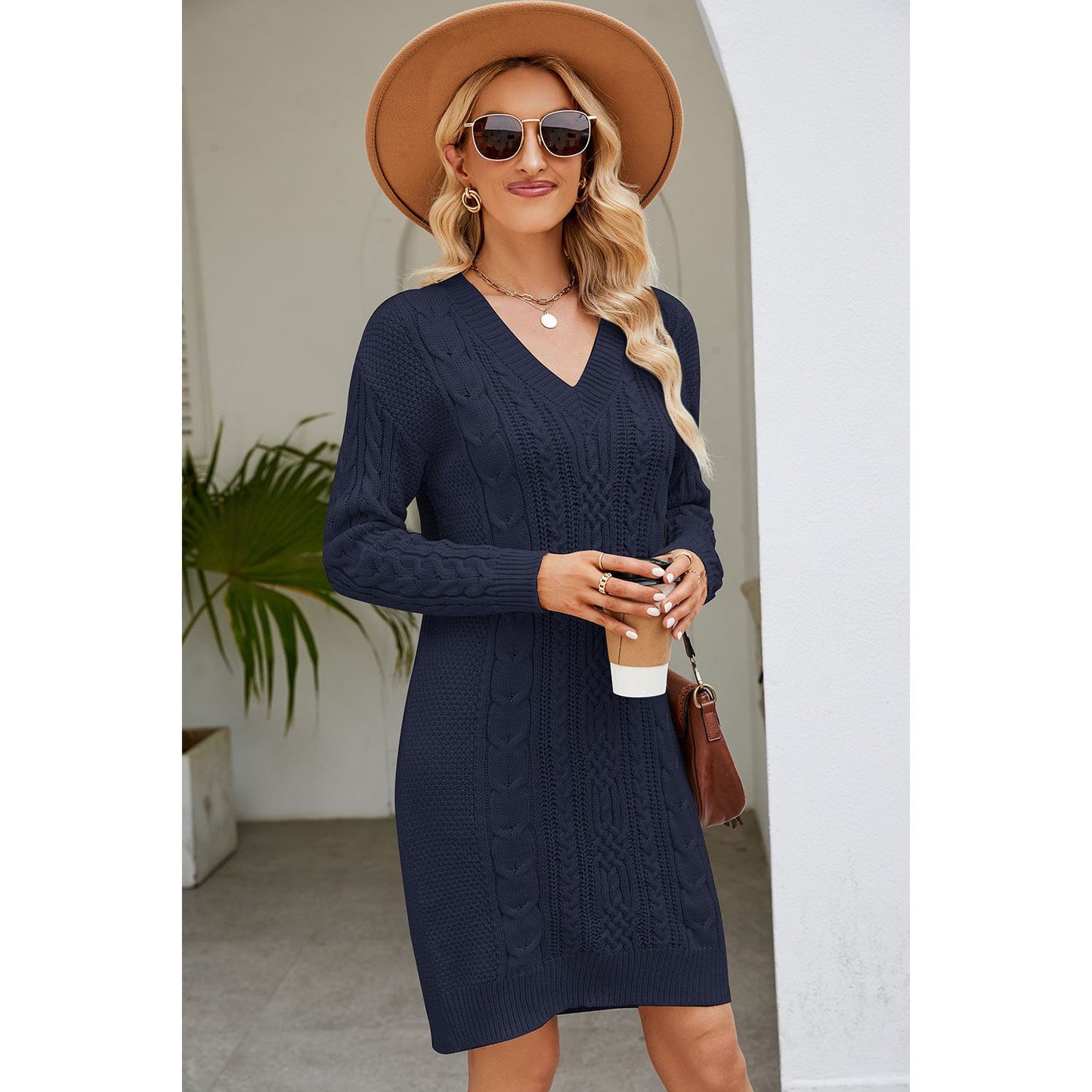 Cable-Knit Long Sleeve Sweater Dress