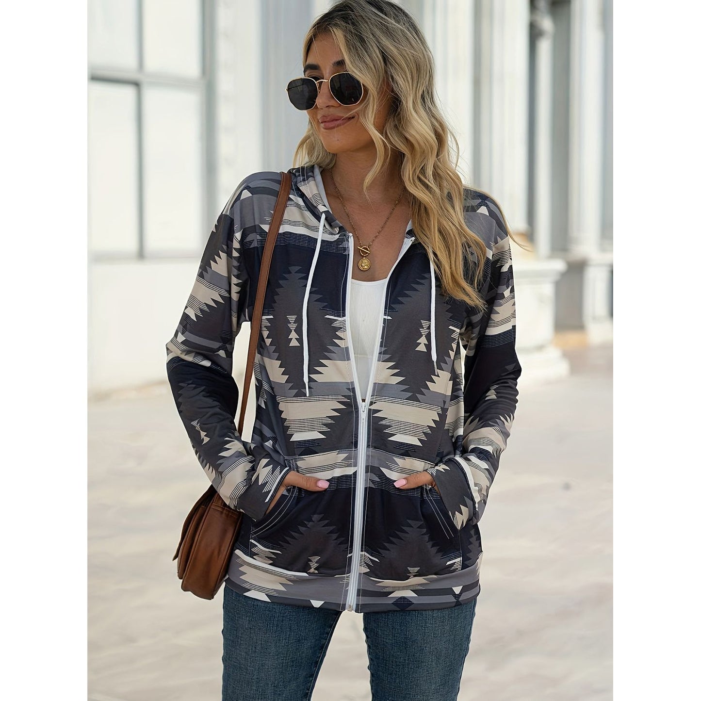 Geometric Zip Up Long Sleeve Hooded Jacket