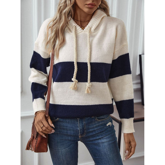 Drawstring Contrast Stripe Dropped Shoulder Hooded Sweater