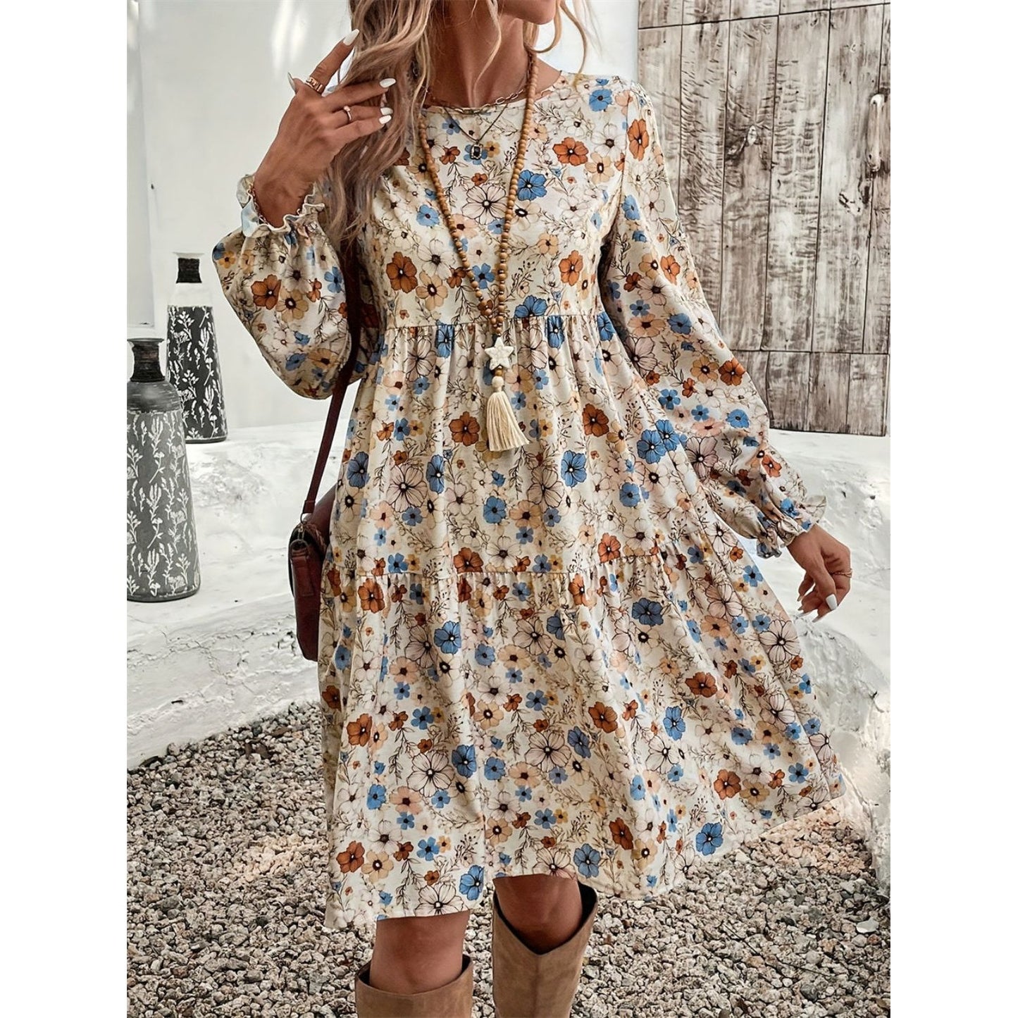 Ruffled Printed Round Neck Long Sleeve Dress