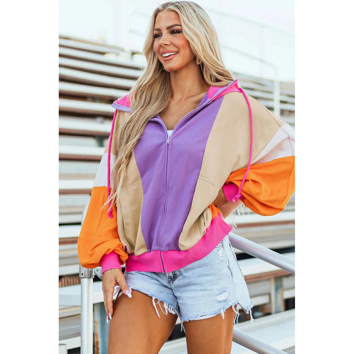 Drawstring Color Block Zip Up Long Sleeve Hoodie