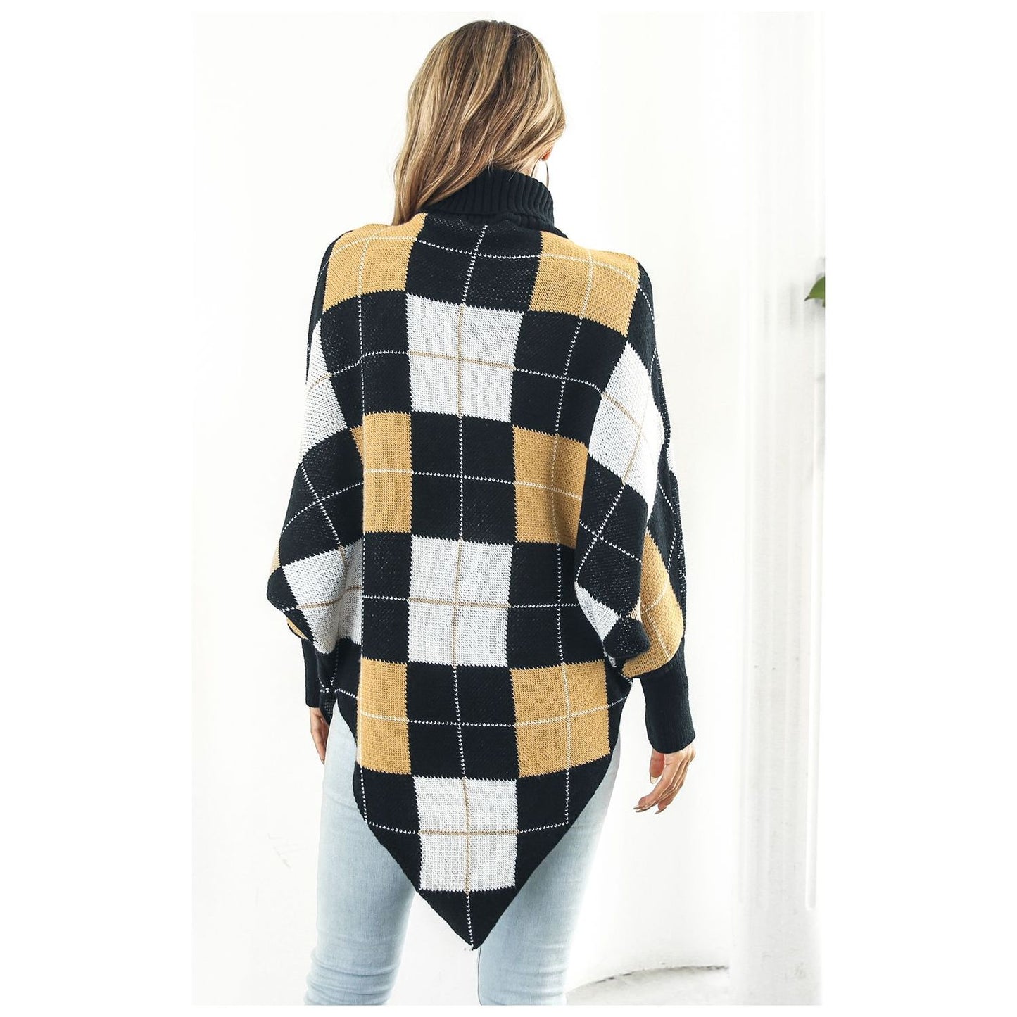 Plaid Turtleneck Dolman Sleeve Poncho