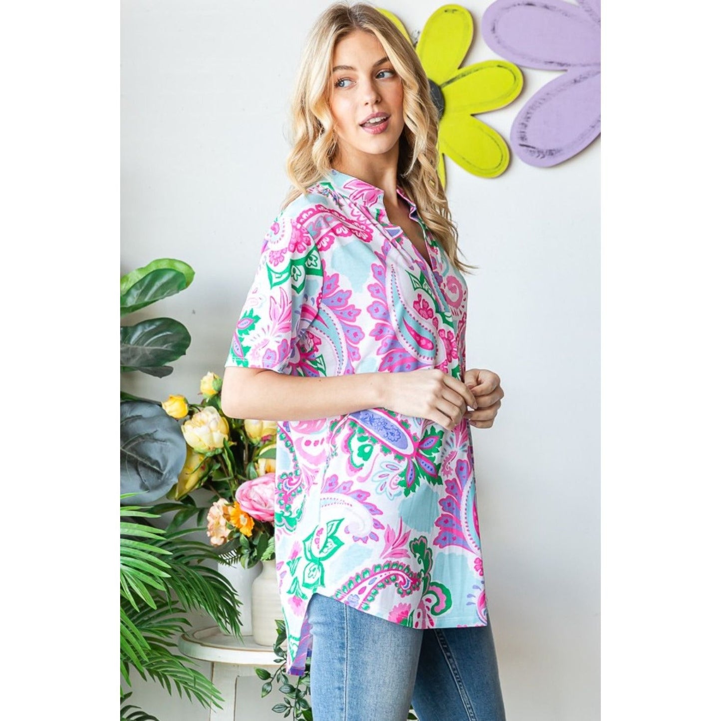 Heimish Full Size Paisley Print Short Sleeve Top